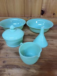 Fire King Jadeite Pieces 2 Serving Bowls 8.25' Funnel Covered Dish Creamer