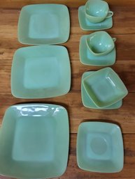 Fire King Jadeite 8.5' Square Plates Coffee Cup & Saucers