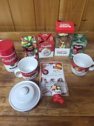 Lot Of Campbell Soup Items Ornaments, Thermos, Bobblehead, Mugs