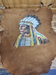 Vintage Painting On Leather Indian Chief 37' By 27'
