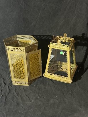 Lot Of (2) Brass & Glass Hanging Lights, (1) Square & (1) Octagonal