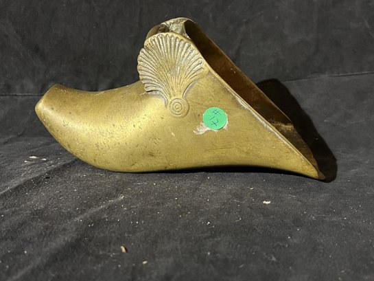 Large Brass Shoe, Shell Motif Buckle, Hole On Bottom & Tear On One Side, 11' Long X 5' Tall