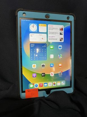 IPad 8th Generation, Software 14.6, M: A2428, 32GB,  Screen Protector, Black/Blue Otter Box Case With Kick Stand; Cleaned To Original Factory Settings, Home Button, Battery Does Charge But No Charger Included
