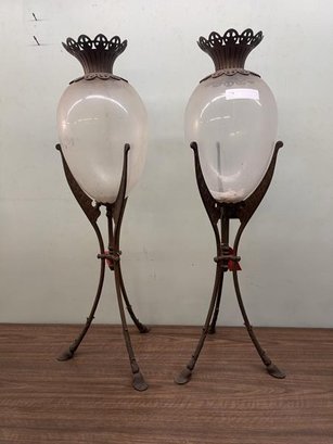 Pair Of Apothecary Glass Show Globes With Hoof Tri-Foot Base, Metal Base & Top, 40' Tall & 11' Diameter