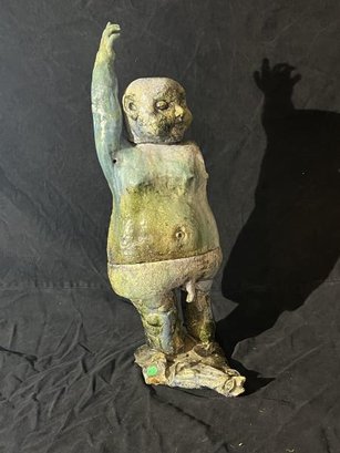 Pottery Figure Of A Boy, Blue, Signed Ben Sams, 24' Tall X 10' Wide, Sculpture Is In 3 Pieces