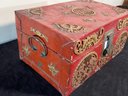 Asian Lift Top Document Box With Brass Locks,  No Key, Crack In Top, Applied Wood Cutout,  8' Tall X 16' Long X 10' Wide