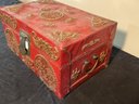 Asian Lift Top Document Box With Brass Locks,  No Key, Crack In Top, Applied Wood Cutout,  8' Tall X 16' Long X 10' Wide