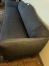 Blue Upholstered Country Style Sofa With  Chestnut Legs, Cushion Has Stains