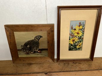 Lot Of 2 Pictures - Watercolor By Ethel Capenter, Cat Painting On Masonite Signed Illegible Signature