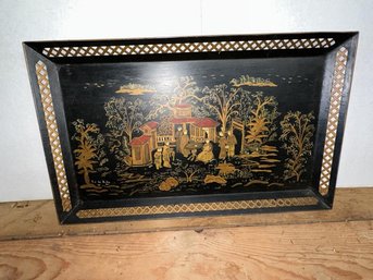 Oriental Tray, Painted, Oriental Figures And Landscape, 14'x23'
