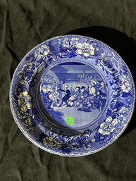 Ironstone Transfer Plate, Blue & White, 'Doctor Syntax Reading His Tour' 10.5' Diameter