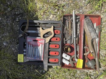Lot Of Tools: Drill, Wire Brushes, Crow Bar