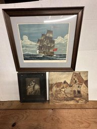 Group Of 3 Pictures, Oil Painting & 2 Prints