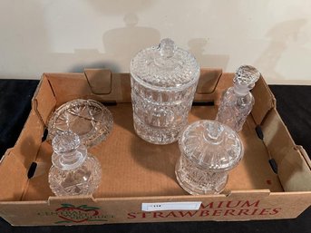 Glass Set With Covered Jars, Ashtray, Perfume  Bottles