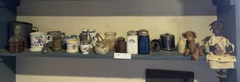 Lot Of Shaving Mug, Salt & Pepper Shakers, Cream Can, Reproduction Ethic Doll, Purple Amethyst Honey Jar With