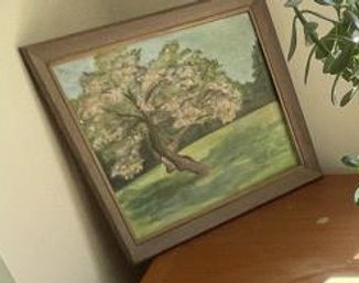 Oil On Board Of Flowering Tree, Framed, 12'x16' Art Work With 2' Frame