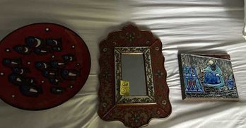 Lot Of (3) Items: Mirror (Reproduction),  Dutch Tile, Fish Plate Marked On Back