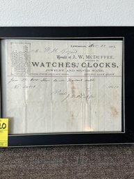 Howard Watch Invoice 1872, J.W. McDuffee Dealer, 7 Howard Watch Invoice 1872, J.W. McDuffee Dealer, 7'x9' Framed