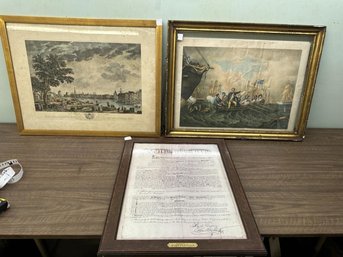 Lot Of (3) Framed Print Including: Perry's Victory On Lake Erie  All In Poor Condition With Discoloration, Foxing & Rips
