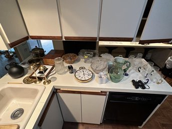 Lot Of Glassware Including: Compute, Pitcher,  Creamer, Ice Bucket, Brass Kerosene, Lamps,  Binoculars, German Watch Wall Clock