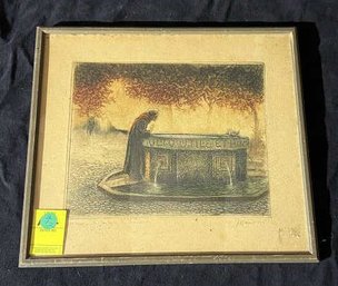 Etching Of Man At Fountain, Pencil, Framed, Signed