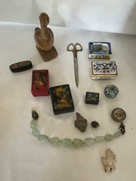 Lot Of Misc. Boxes, Wood Duck, Necklace, Scissors