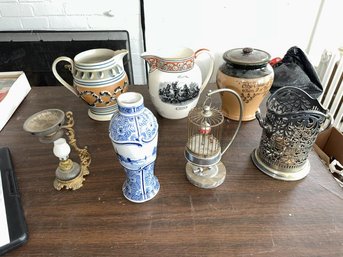 Lot (7) - Miniature Lamp, Bird Cage, Moca Pitcher - Chipped, Royal Doulton Tobacco Jar, Lid Chipped