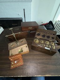 Lot - 3 Wooden Boxes, Jewelry Scale & Weights