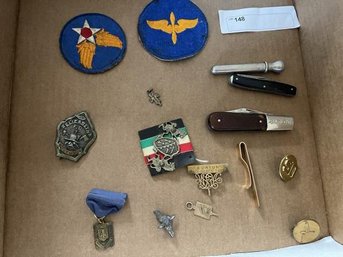 Lot Of (2) Jack Knives, (2) Military Buttons, (2) Patches