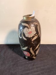 Brass Vase With Inlay Flower Design, 11.5'  Tall