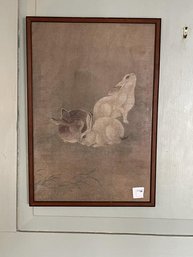 Framed Print On Paper Of Rabbits, Red Stamp Lower Left, Waves, 13' Wide X 18.5' Tall