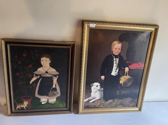 Pair Of Reproduction Folk Art Girl With Cat &  Boy With Dog