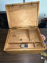 Wooden Box, Small Lift Top With Misc. Items, Sub Necklace, Cufflinks, Patches, Lighter, Belt Buckles, Pins, Cube Pendant Watch