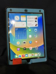 IPad 8th Generation, Software 14.2, M:A2428, 32GB, Screen Protector, Black/Blue Otter Box Case With Kick Stand; Cleaned To Original Factory Settings, Home Button, Battery Does Charge But No Charger Included