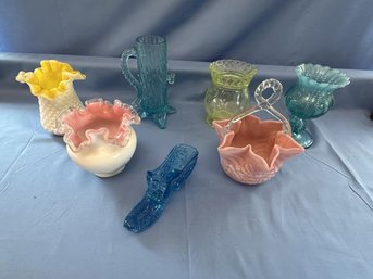 Lot Of 7 Assorted Glass, Vases, Basket, Glass Slipper, One Hobnail Vase