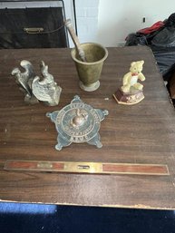 Lot Of Misc. Items - Level Stanley #1093, Reproduction Bear Doorstop, Eagle Bookends White Metal, Mortar & Pestle, U.S.M.C. Plaque