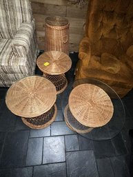 Lot Of (3) End Tables With Glass Top & Wicker  Bottoms