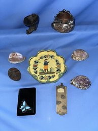 Lot Of Misc. Items - Bronze Boot, Chinese Carved Thread Holder, Quimper Dish, Oriental Plated Silver Bowl, Butterfly Cover With Clips Black Amethyst