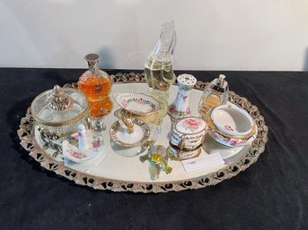Dresser Mirror Tray With Frog Pill Box,  Perfume Bottles, Ring Dish, Dresser Box