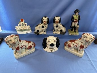 Lot Of Reproduction Staffordshire Dog Figures And One Antique Swan Statue - Cracked, Pair Of Red Dogs - Cracked