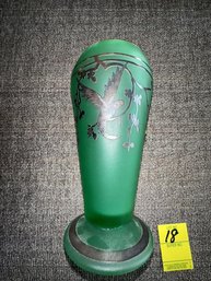 Vase, Green With Silver Overlay Bird, Some Branche Vase, Green With Silver Overlay Bird, Some Branches Missing & Bent 6.5' Tall