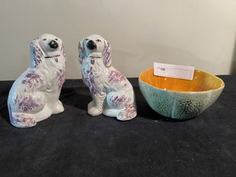 Pair Of Staffordshire Dogs, England, 5.5'  Tall & Melon Bowl