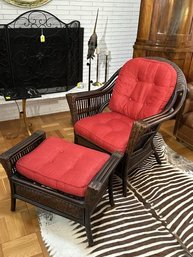 Chair & Footstool, Bamboo & Wicker, Red  Cushion