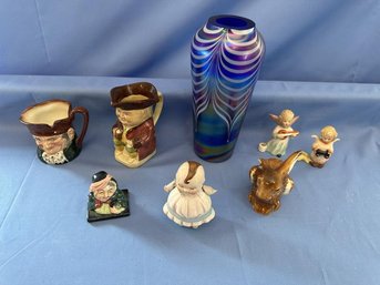 Lot Of 8 Items, Art Glass Vase, 2 Toby Mug, Misc. Statues