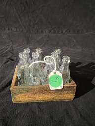 Mini Coke Bottle Set In Small Wooden Box; 7 Coke Bottles & 1 Decorative Glass Bottle