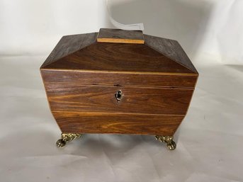 Antique Tobacco Box, Brass, Feet Missing, Ivory Knob, Some Veneer Damage, 7' Tall X 8' Wide X 4.5' Deep