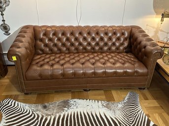 Leather Sofa With Button Back & Brass  Studded, 27' Tall X 77' Long X 34' Deep