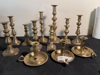 Lot Of (12) Brass Candlestick, Some Push Ups