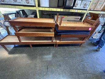 Lot Of (8) Wooden Benches With Blue Cushions, Ranging In Size From 42'-80' Long