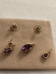 Pair Of Diamond Earrings, 2 Amethyst Pendants - 10 Pair Of Diamond Earrings, 2 Amethyst Pendants - 10k, 1 Amethyst Earnings